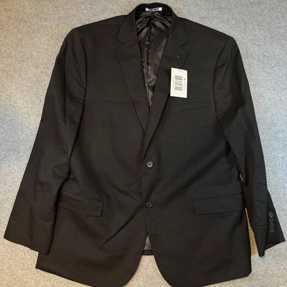 DKNY Mens 2 Piece Suit Black Stretch 2 Button Blazer Trousers 48R 42W New Macy's